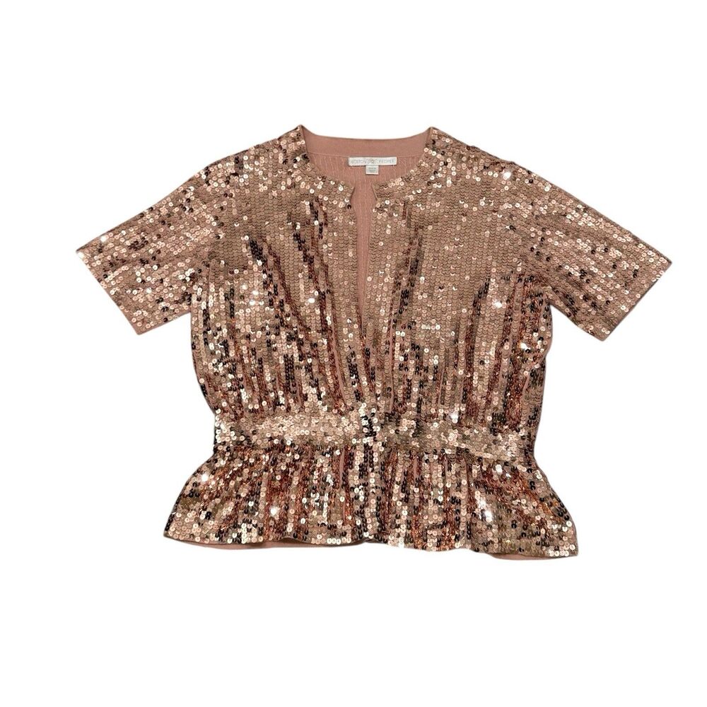Boston Proper Rose Gold Sequin Peplum Cardigan Size M